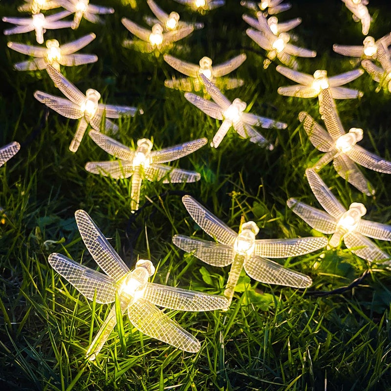 SmilingTown Solar Dragonfly String Light 30LED 21ft Garden Stake Lights Waterproof Outdoor Twinkle Fairy Lights with 8 Lighting Modes for Trees, Patio, Fence Christmas Decor (Warm White) - Image 5